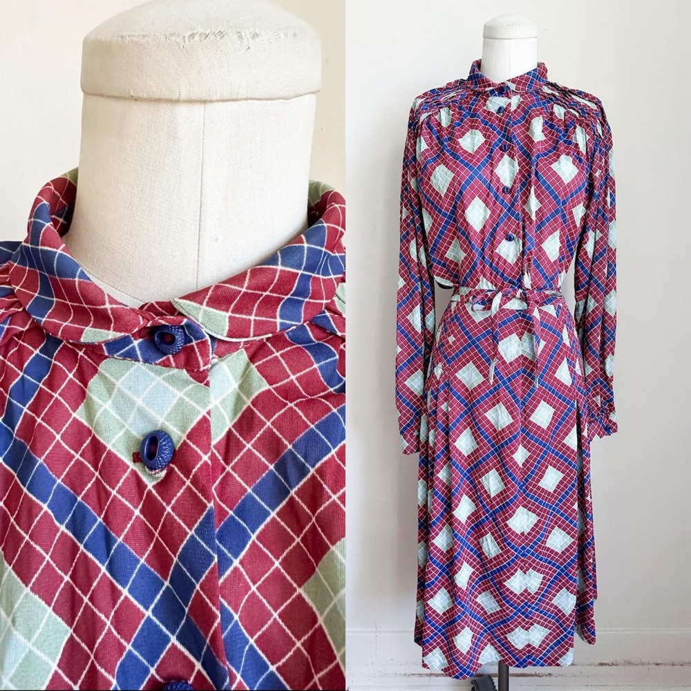 Vintage 1970s Geometric Print Dress set / M